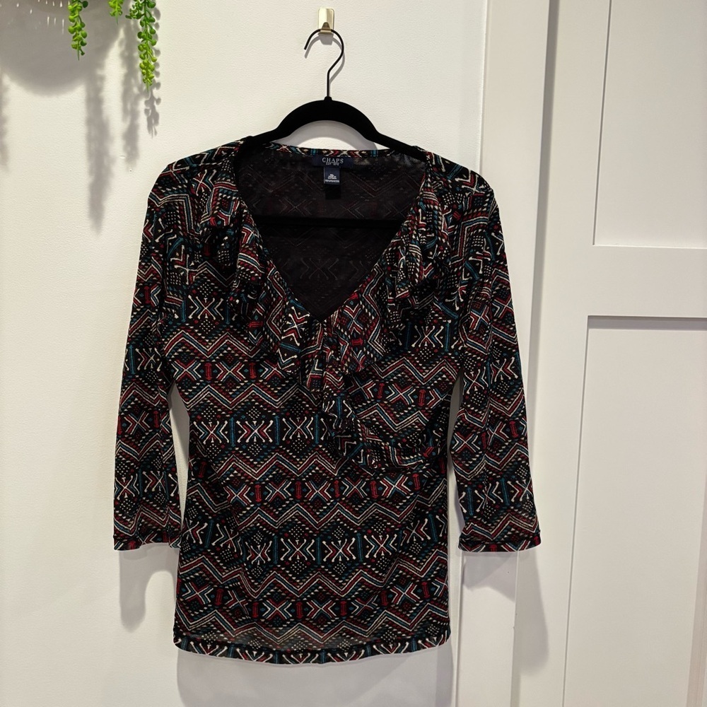 Chaps Women's Euro Geometric Print V -Neck Ruffle Collar Micro Mesh Top Size XL